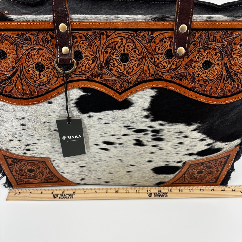 Myra Bag Cartwright Tote Bag Womens Large Black Cowhide Hand-Tooled S-7870 - Picture 2 of 12